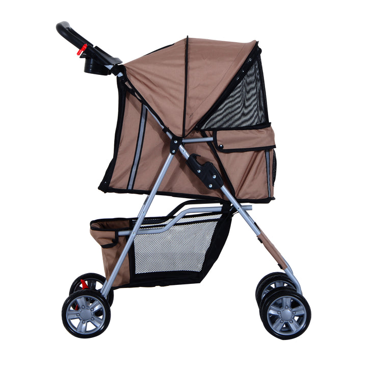 PawHut Dog Pram Pet Stroller Foldable Dog Pushchair with Wheels Zipper Entry Cup Holder Storage Basket Brown