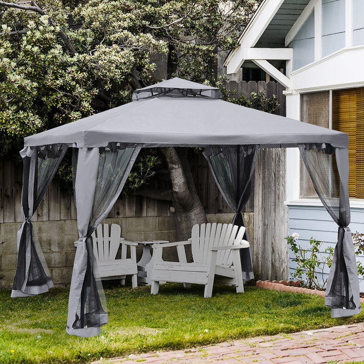 Outsunny 3 x 3 Meter Metal Gazebo Garden Outdoor 2-tier Roof Marquee Party Tent Canopy Pavillion Patio Shelter with Netting - Grey