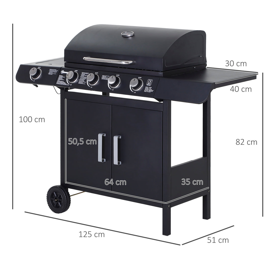 4+1 Gas Burner Grill BBQ Trolley Backyard Garden Smoker Side Burner Barbecue w/ Storage Side Table Wheels