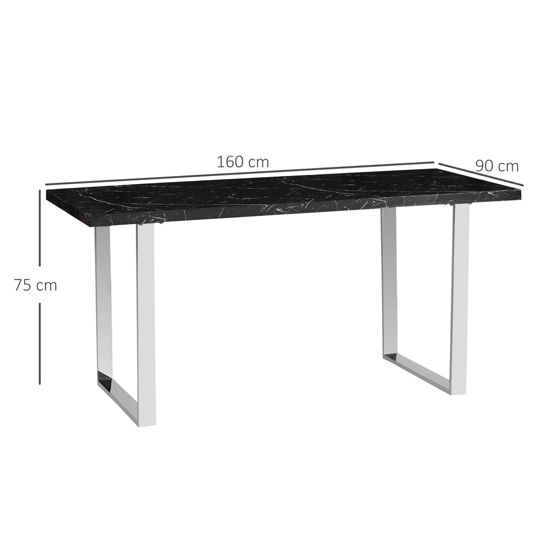 Modern Dining Room Table Rectangular Kitchen Table for 6-8 People with Marble Effect Tabletop Steel Legs 155 cm Black