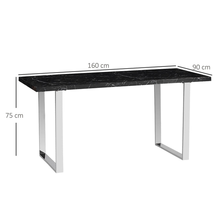 Modern Dining Room Table Rectangular Kitchen Table for 6-8 People with Marble Effect Tabletop Steel Legs 155 cm Black