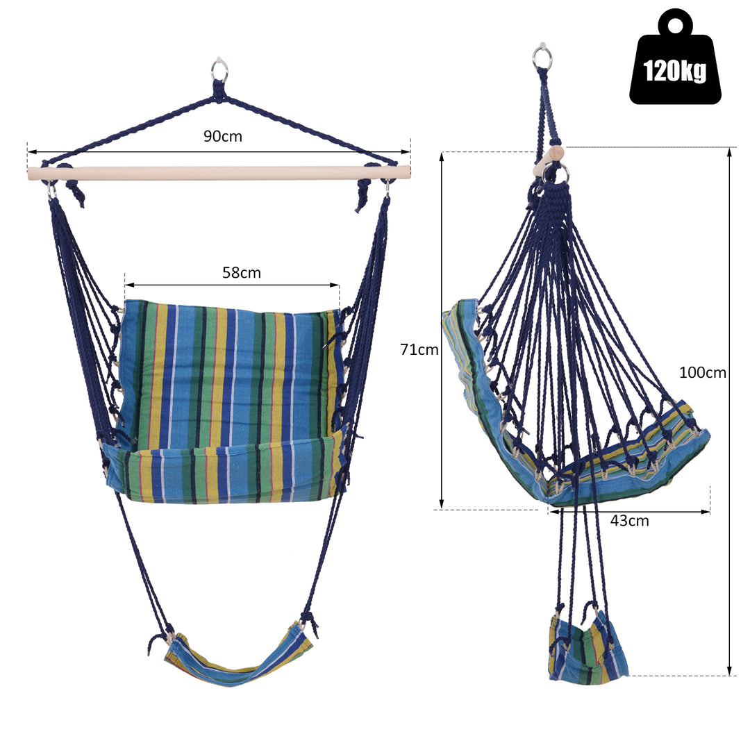 Outdoor Hammock Hanging Rope Garden Yard Patio Swing Chair Seat Woodenwith Footrest Cotton Cloth Blue Stripe