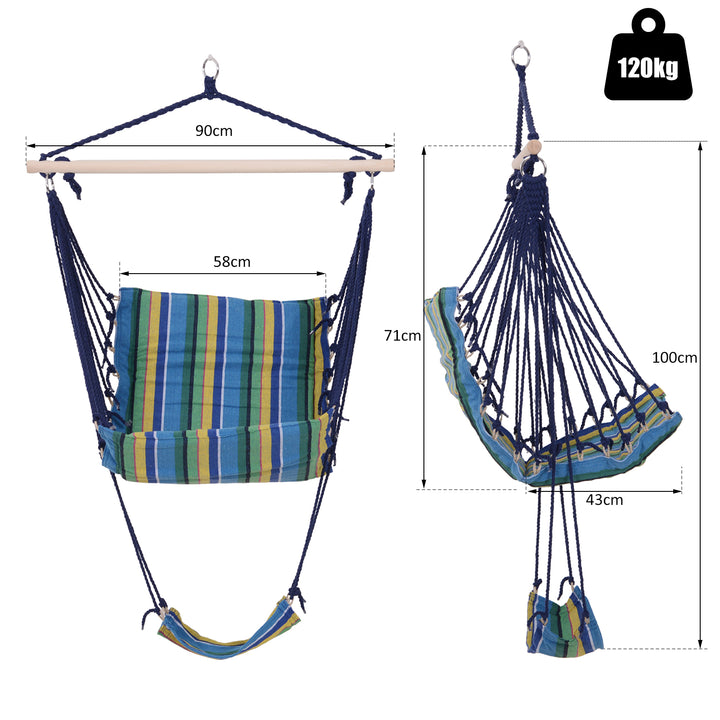 Outdoor Hammock Hanging Rope Garden Yard Patio Swing Chair Seat Woodenwith Footrest Cotton Cloth Blue Stripe