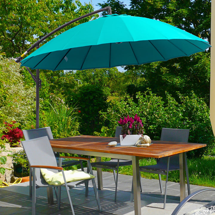Outsunny 3(m) Cantilever Shanghai Parasol Garden Hanging Banana Sun Umbrella with Crank Handle, 18 Sturdy Ribs and Cross Base, Turquoise