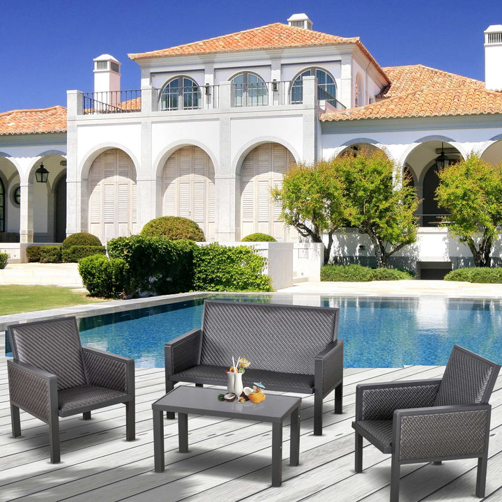 4-Seater Aluminum PE Rattan Wicker Sofa Set Outdoor Conservatory Furniture Lawn Patio Coffee Table, Deep Grey