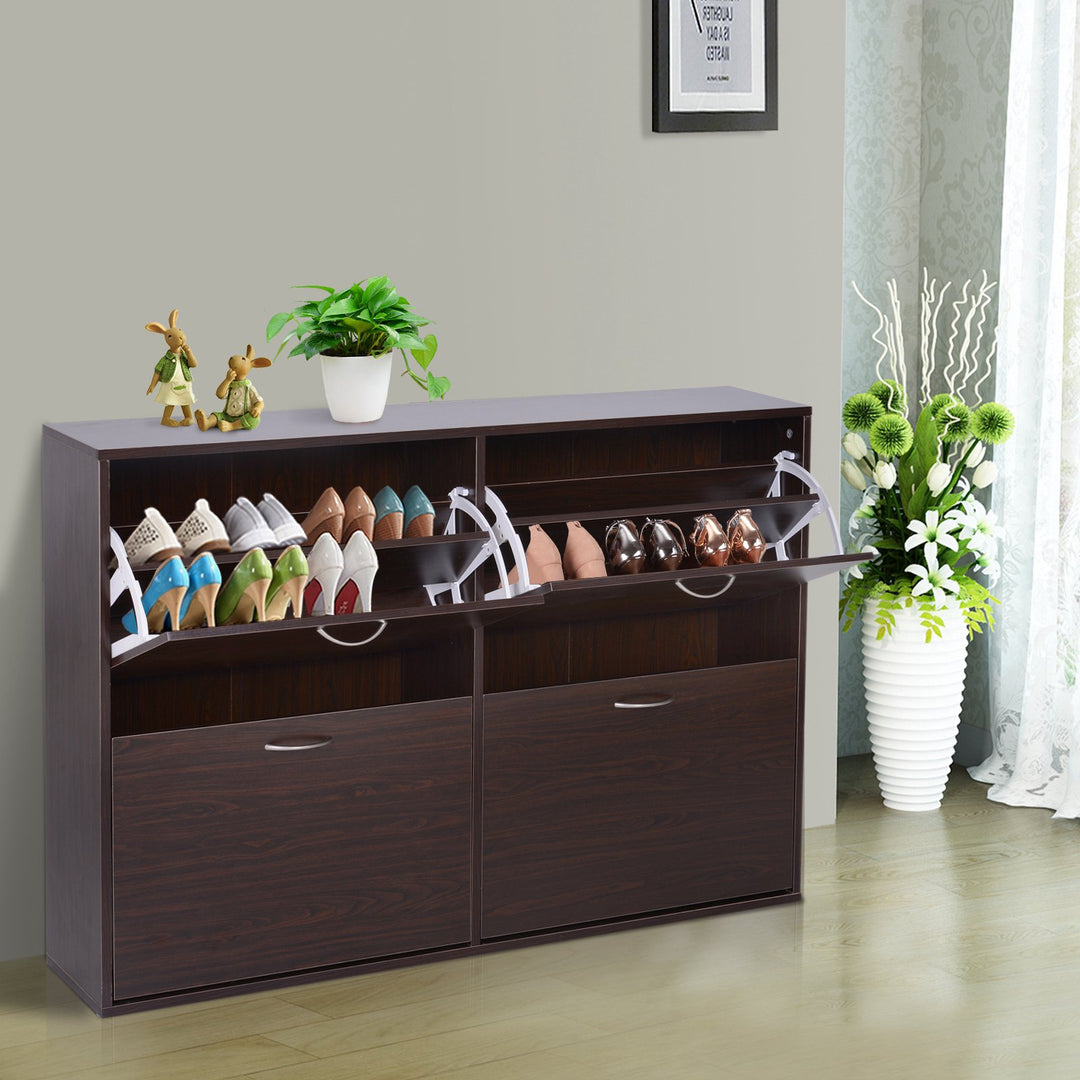 Wooden Shoes Cabinet Multi Flip Down Shelf Drawer Organizer - Dark Brown