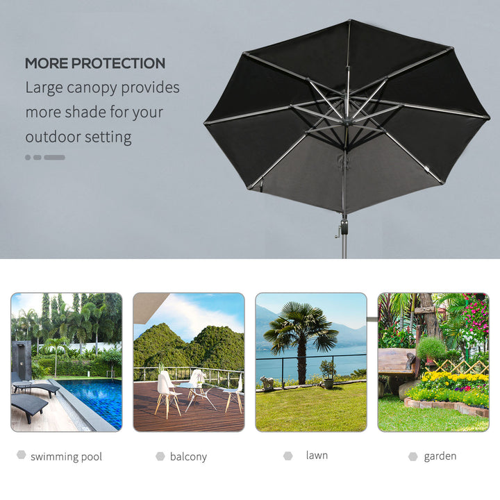 Outsunny 3m Cantilever Roma Parasol Adjustable Garden Sun Umbrella with LED Solar Light, Aluminum Frame, Tilt &amp; Crank, UV50+, Dark Grey