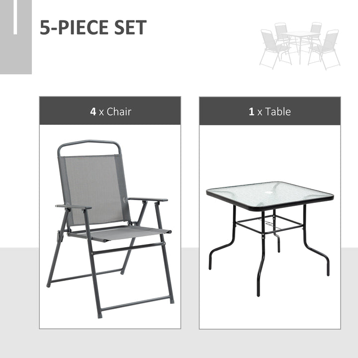 5 Piece Garden Dining Set Outdoor Dining Furniture 4 Folding Chairs, Glass Top Table with Parasol Hole, Texteline Seats, Black