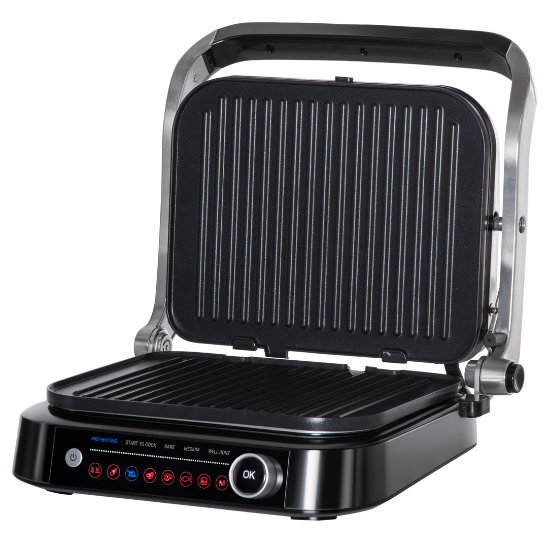 Health Grill & Panini Press, 2100W Electric Non-stick Grill with 180° Flat Open, Drip Tray, Removable Plate, Spatula and 8 Automatic Settings