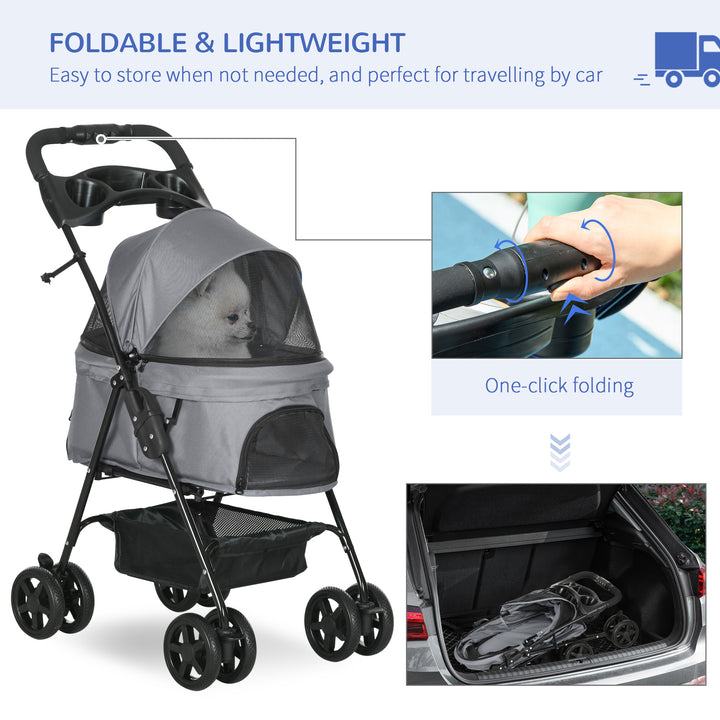PawHut Dog Stroller with Rain Cover, Dog Pushchair One-Click Fold Trolley Jogger with EVA Wheels Brake Basket Adjustable Canopy Safety Leash for Small Dogs, Grey