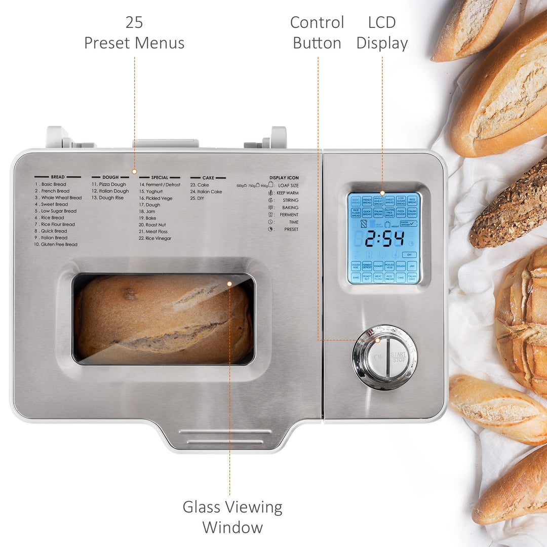 25 in 1 Bread Machine 0.9 KG Capacity Programmable Stainless Steel Dough Maker with Auto Fruit Nut Dispenser Nonstick Pan 3 Loaf Sizes, 550W