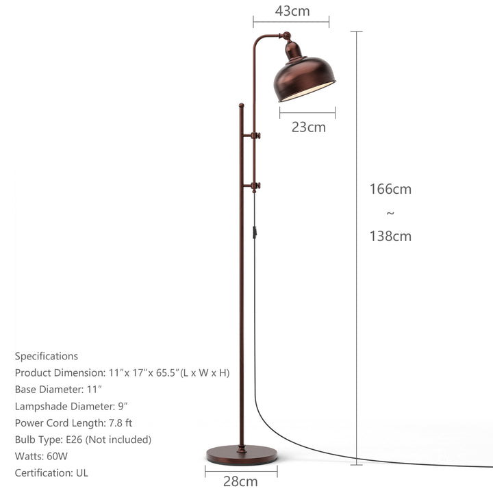 Industrial Floor Lamp with Adjustable Height and Lamp Head for Home Office