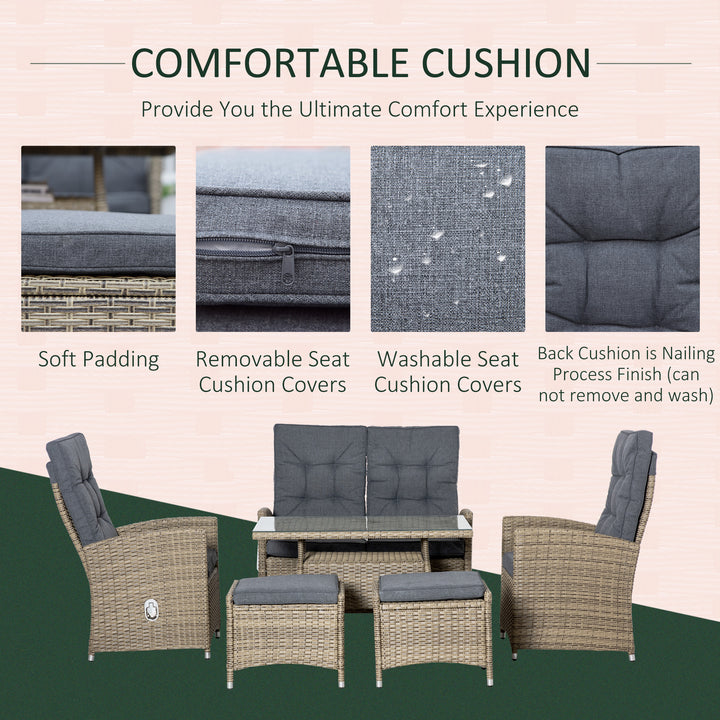 6 Pieces PE Rattan Dining Set, Patio Wicker Conversation Furniture, Tempered Glass Table-top Dining Table w/ Storage Layer, Mixed Grey