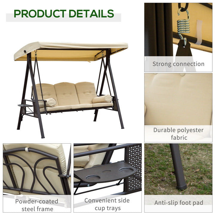 Outsunny Steel Swing Chair Hammock Garden 3 Seater Canopy Cushion Shelter Outdoor Bench Beige