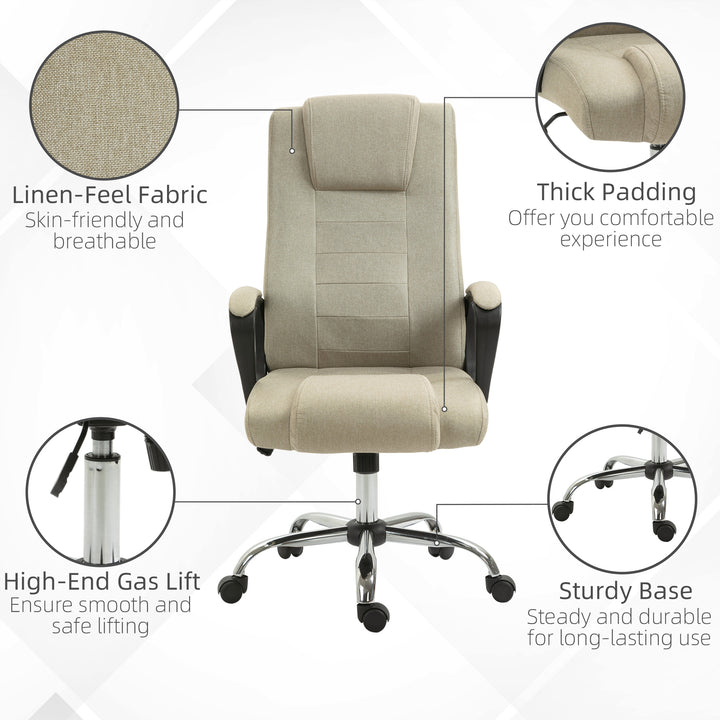 High Back Office Chair 360° Swivel Chair Adjustable Height Tilt Function Linen Khaki 62W x 62D x 110-119H cm