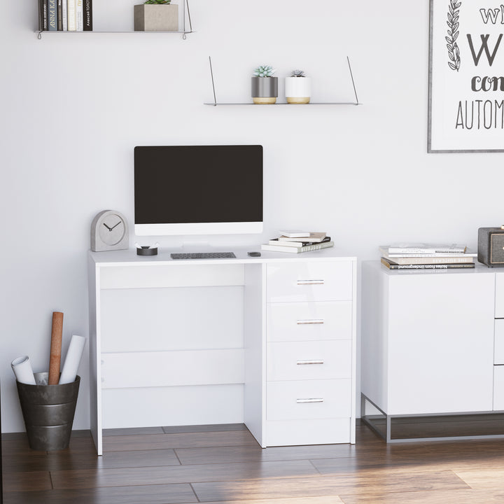 Computer Writing Desk with 4 Drawers, High Gloss Home Office Workstation, White
