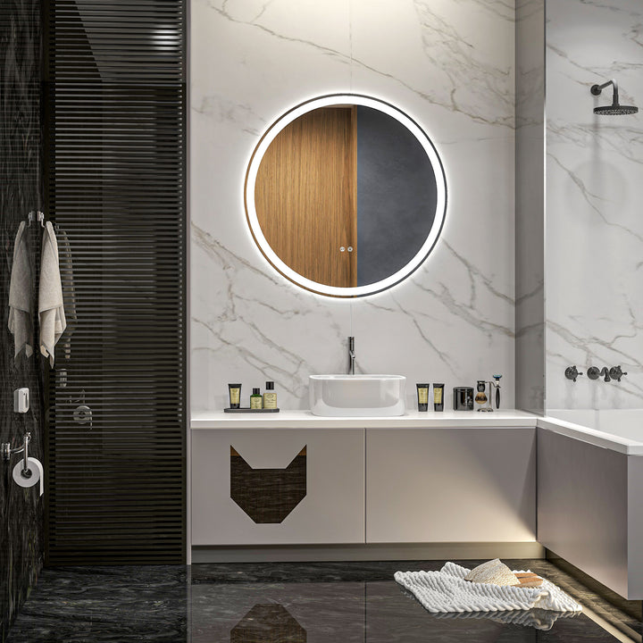 Kleankin Round Bathroom Mirror with LED Lights, 3 Temperature Colours, Defogging Film, Aluminium Frame, Hardwired, 70 x 70 cm