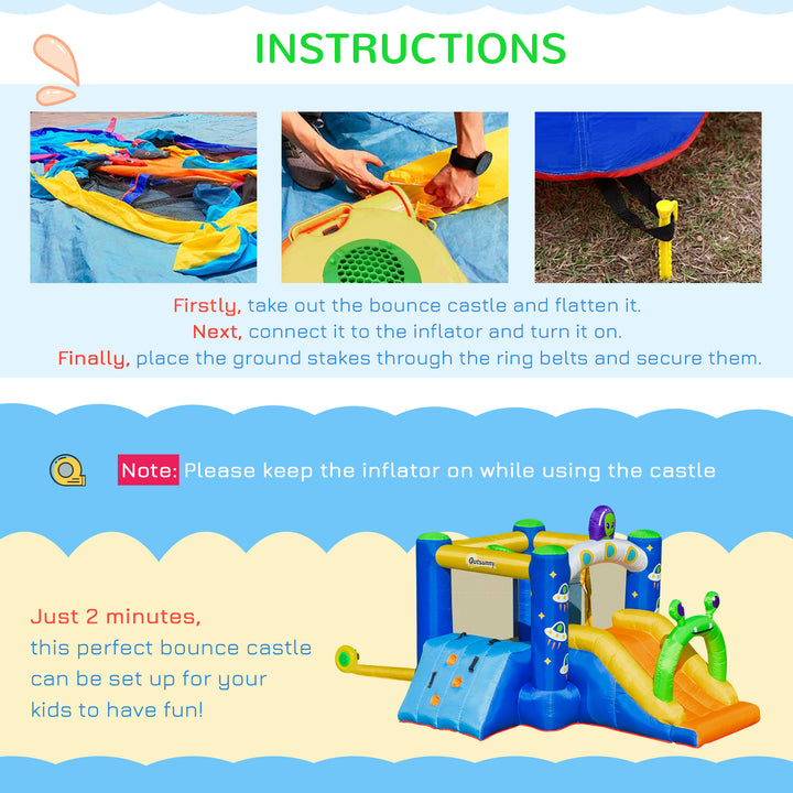 Outsunny 4 in 1 Kids Bounce Castle Large Alien-Style Inflatable House Slide Trampoline Climbing Wall Basket with for Kids Age 3-8, 3.2 x 2.4 x 2m
