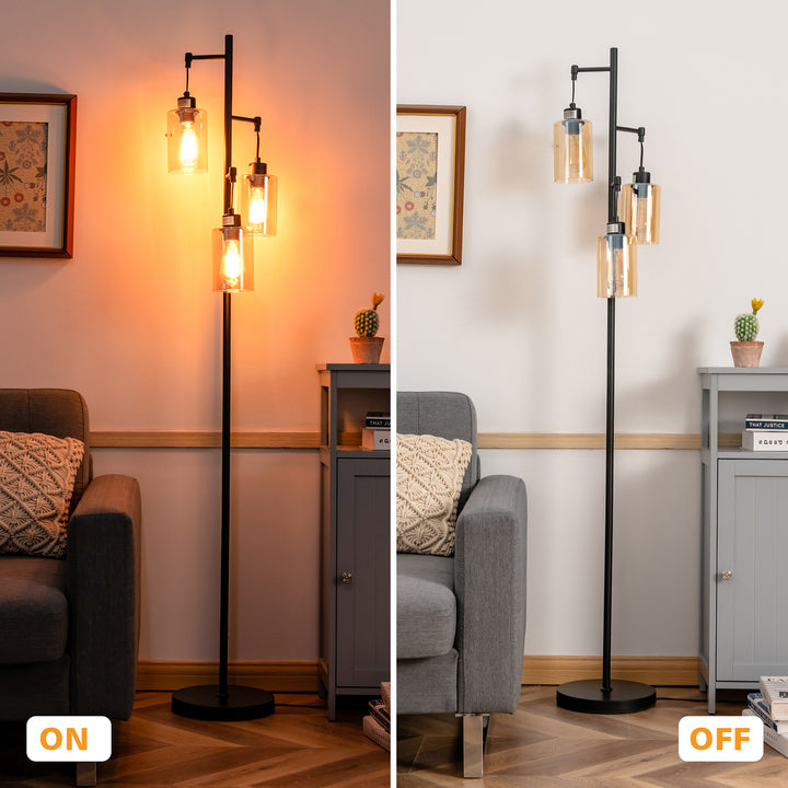 Freestanding Floor Lamp with 3-Head Hanging Amber Glass Shade