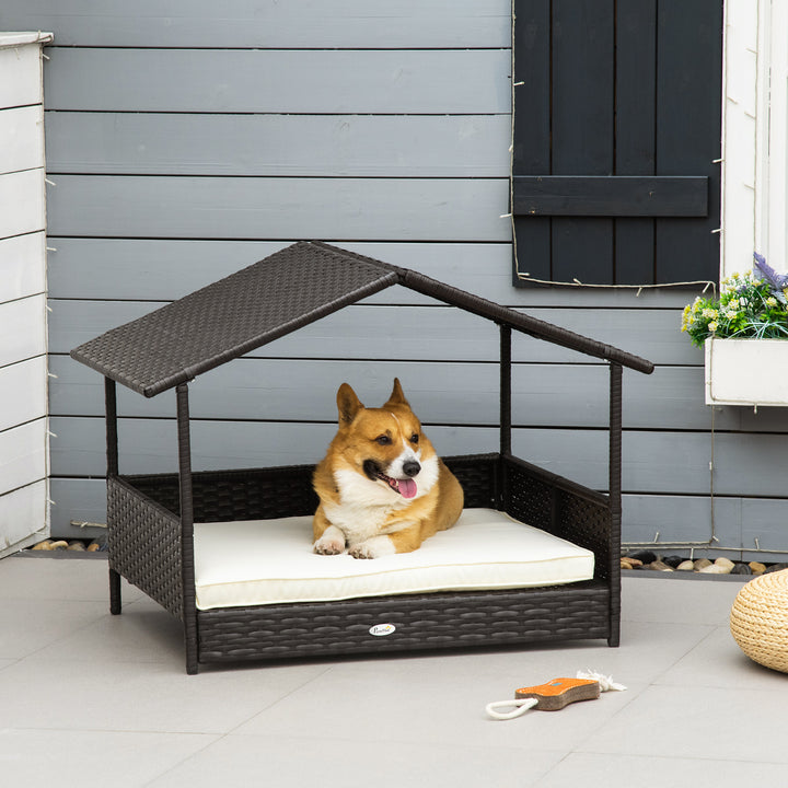 Wicker Dog House, Rattan Pet Bed with Soft Cushion, Canopy, Cat House with Anti-slip Pads, Brown, 98 x 69 x 73 cm