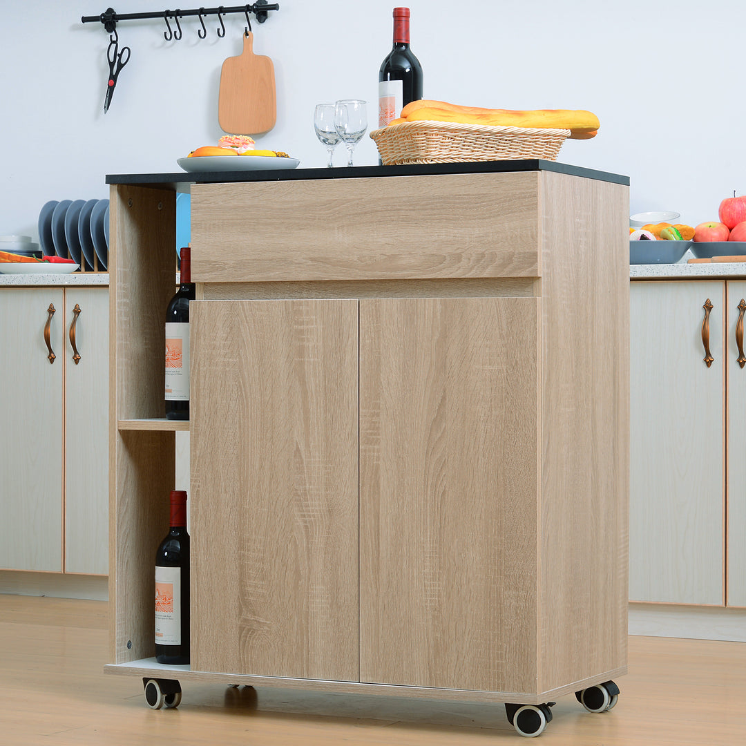 Kitchen Storage Trolley Cart Cupboard Rolling Island Shelves Cabinet With Door and Drawer Locking Wheels