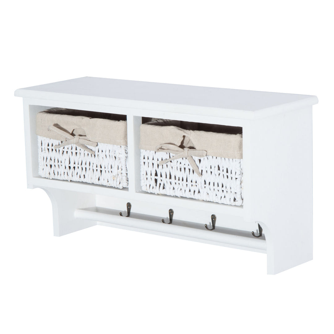 Entryway Coat Rack Wall Mounted Shelf w/Wicker Basket and Hooks (2 Baskets, White)