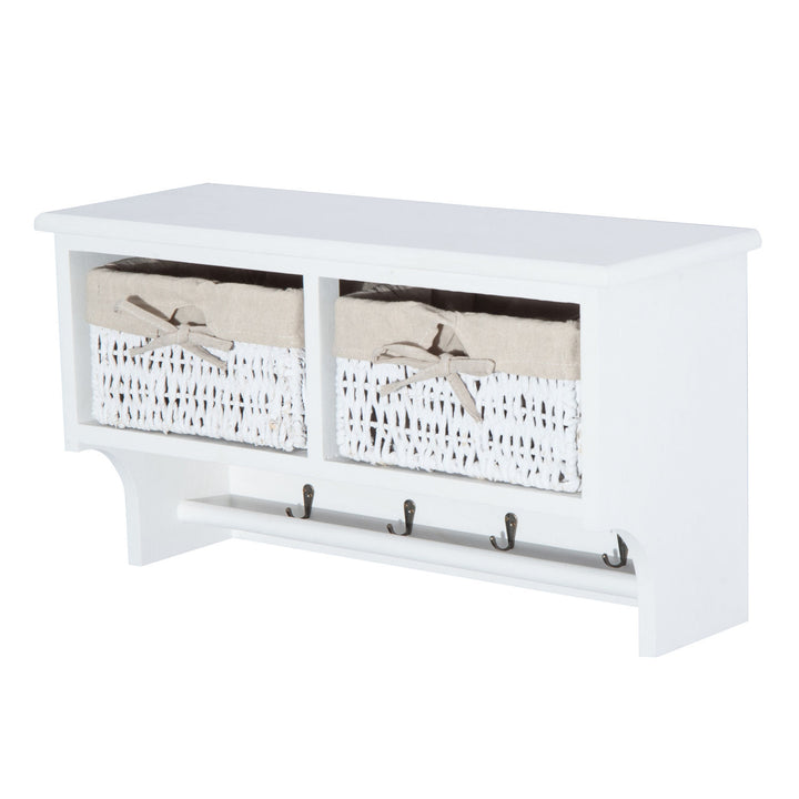 Entryway Coat Rack Wall Mounted Shelf w/Wicker Basket and Hooks (2 Baskets, White)