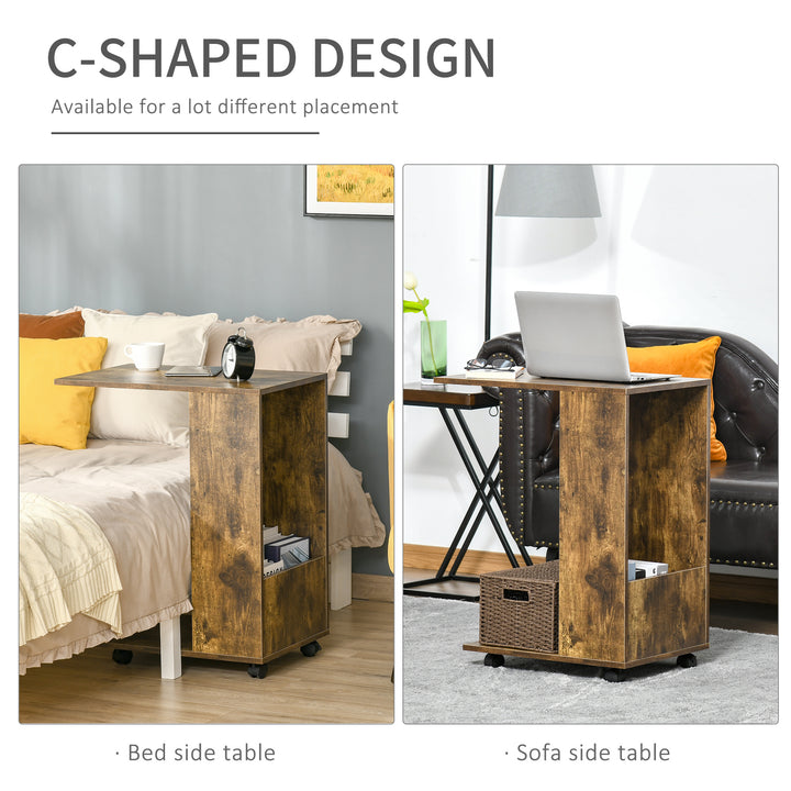 Mobile Sofa Side Table C-Shape End Table with Storage and Casters for Laptop Coffee Snack, Rustic Brown