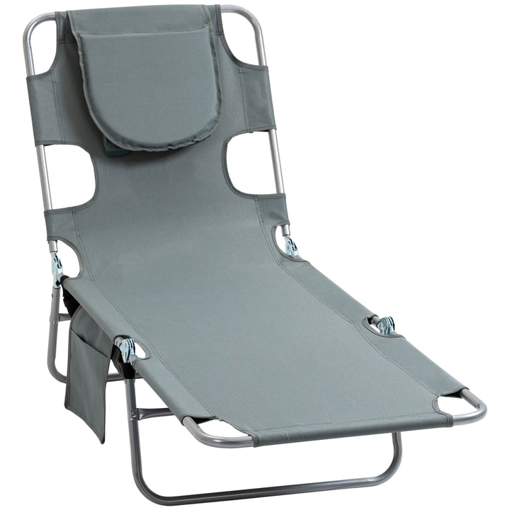 Beach Chaise Lounge with Face Cavity & Arm Slots, Portable Sun Lounger, Reclining Lounge Chair 5-position Adjustable Backrest Grey