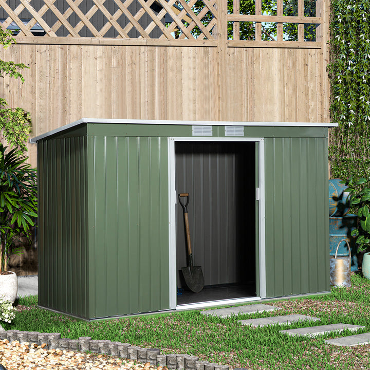 Outsunny 9 x 4.5 ft Pent Roof Metal Garden Storage Shed Corrugated Steel Tool Box with Foundation Ventilation & Doors, Light Green