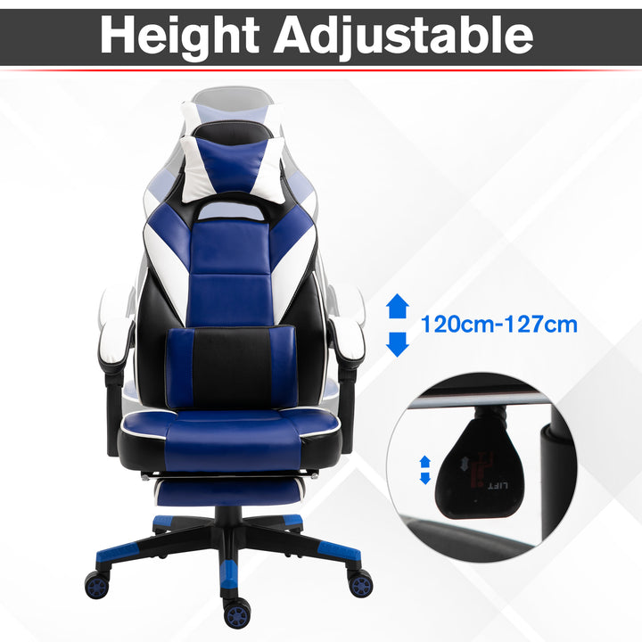 Vinsetto Cool &amp; Stylish Gaming Chair Ergonomic Recliner w/ Thick Padding Footrest Neck &amp; Back Pillow 5 Wheels Racing Swivel Height Adjustable Blue