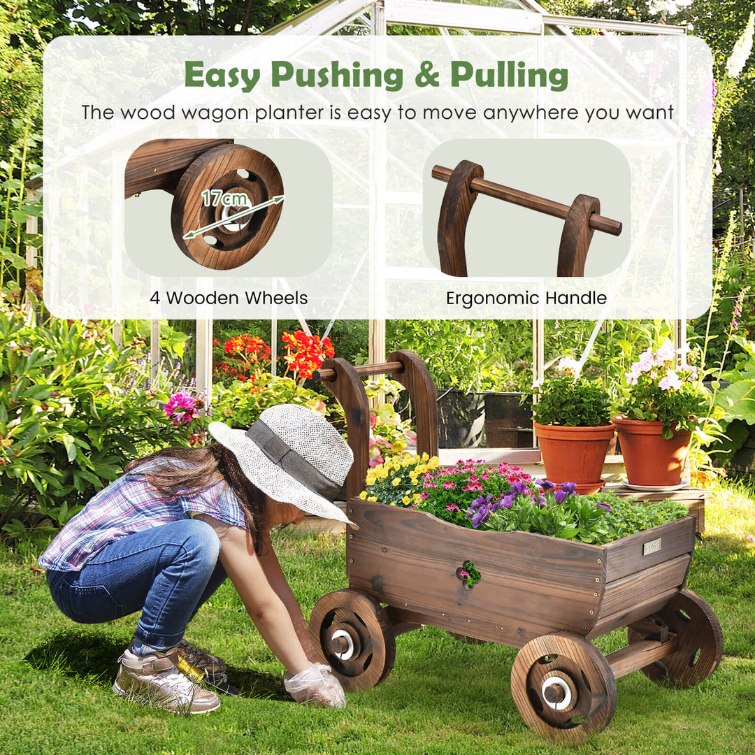 Decorative Wooden Wagon Cart with Wheels and Drainage Hole-Rustic Brown