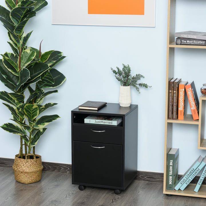 HOMCOM 60cm Storage Cabinet w/ Drawer Open Shelf Metal Handles 4 Wheels Office Home Organiser Mobile Printer Black