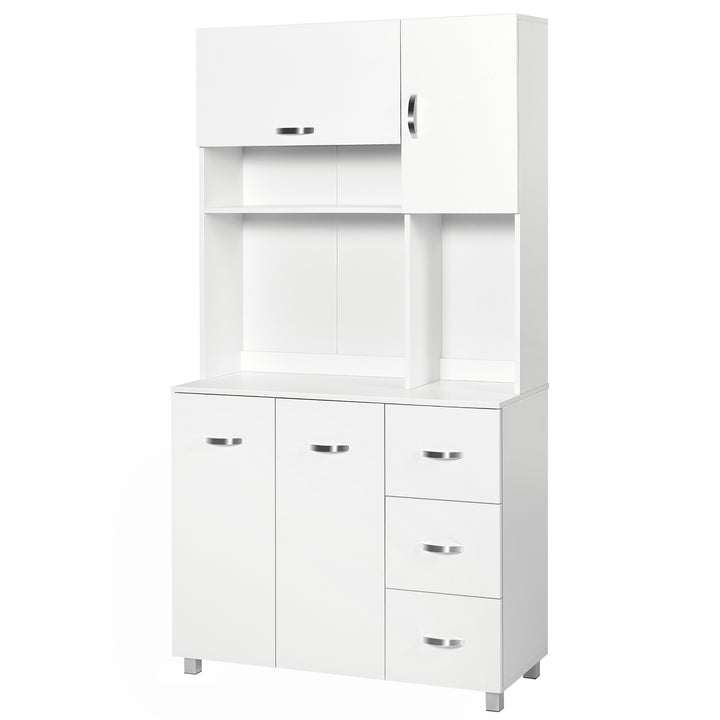 Freestanding Kitchen Storage Unit w/ Cupboard Cabinets Open Compartments Drawers Metal Handles Side Shelf Server Organisation Furniture White