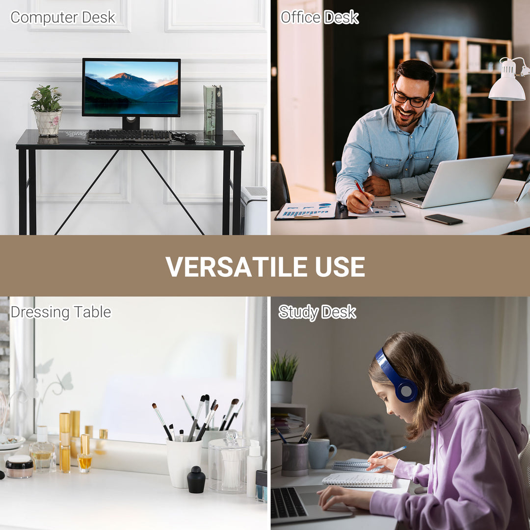 Glass Top Writing Desk with World Map Printing Working Station Home Office Table Gaming Desk Metal Frame Easy Assembly, Black
