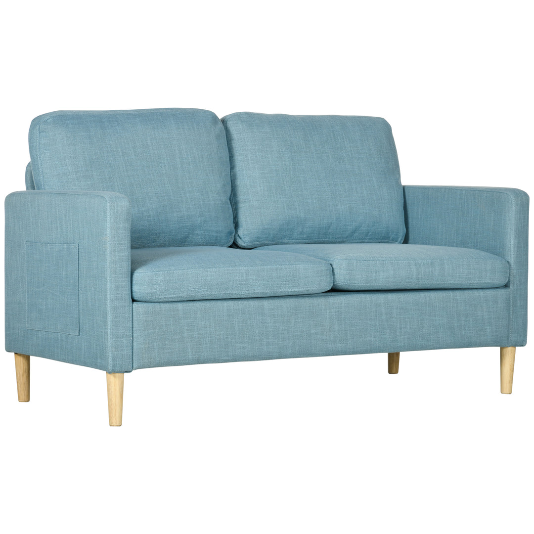 143cm 2 Seater Sofa for Living Room, Modern Fabric Couch, Loveseat Sofa Settee with Wood Legs and 2 Pockets for Bedroom and Home Office, Blue