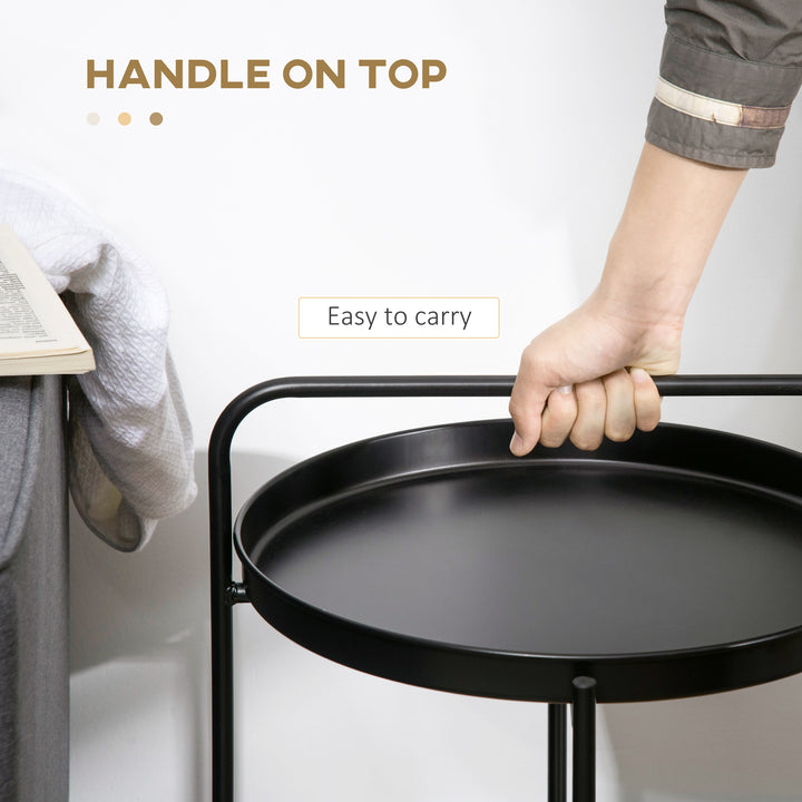 Round Side Table with Detachable Tray and Plastic Rattan Shelf, End Table with Steel Frame, Black