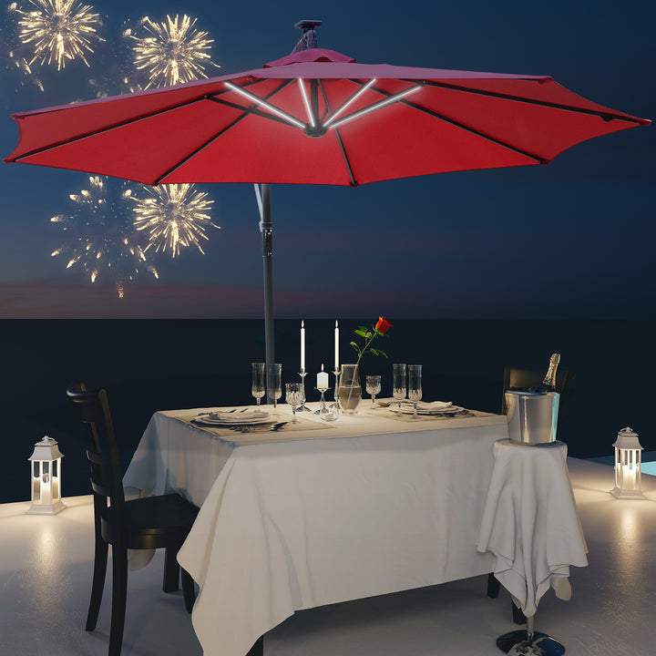3m LED Patio Banana Umbrella Cantilever Parasol w/ Crank Cross Base Hanging Offset Umbrella Frame Steel  Aluminium Garden Table Outdoor Red