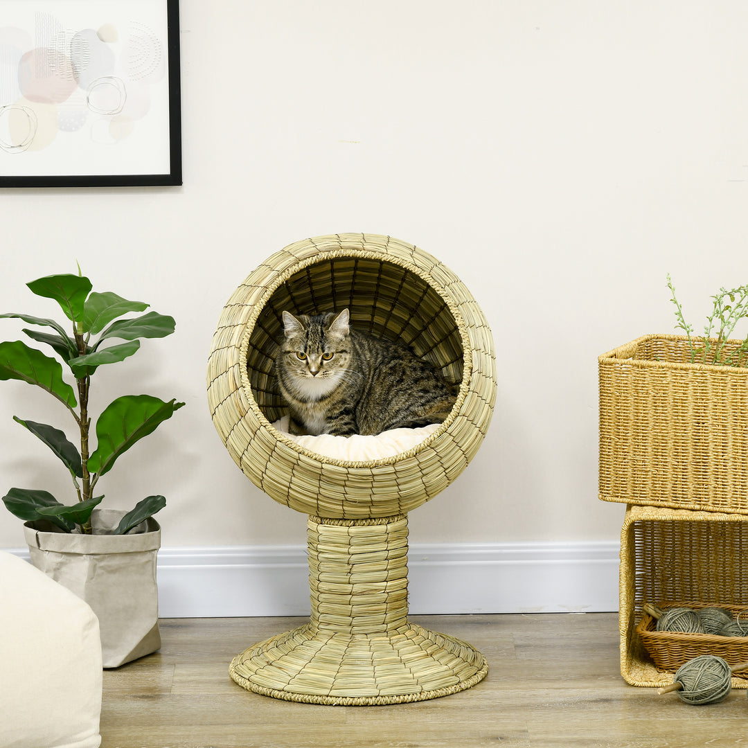 Raised Cat House, Natural Mat Grass Cat Bed, Kitten Cave with Stand Cushion, Detachable Top, Round, Yellow, Φ41x 71,5 cm