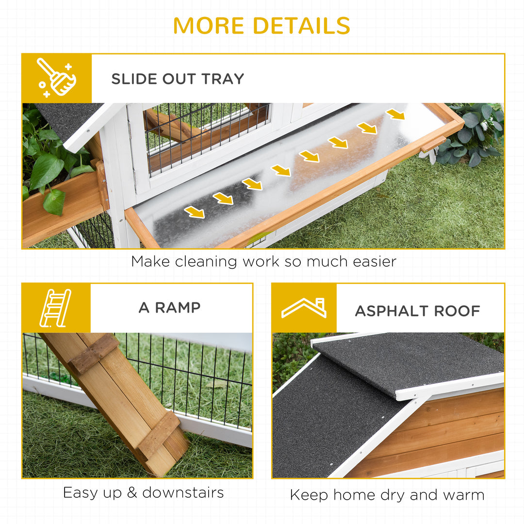PawHut 2 Tier Wooden Rabbit Hutch, Guinea Pig Cage, Bunny Run, Small Animal House with Plant Box, Slide-out Tray, Ramp, 123 x 58 x 106cm, Natural
