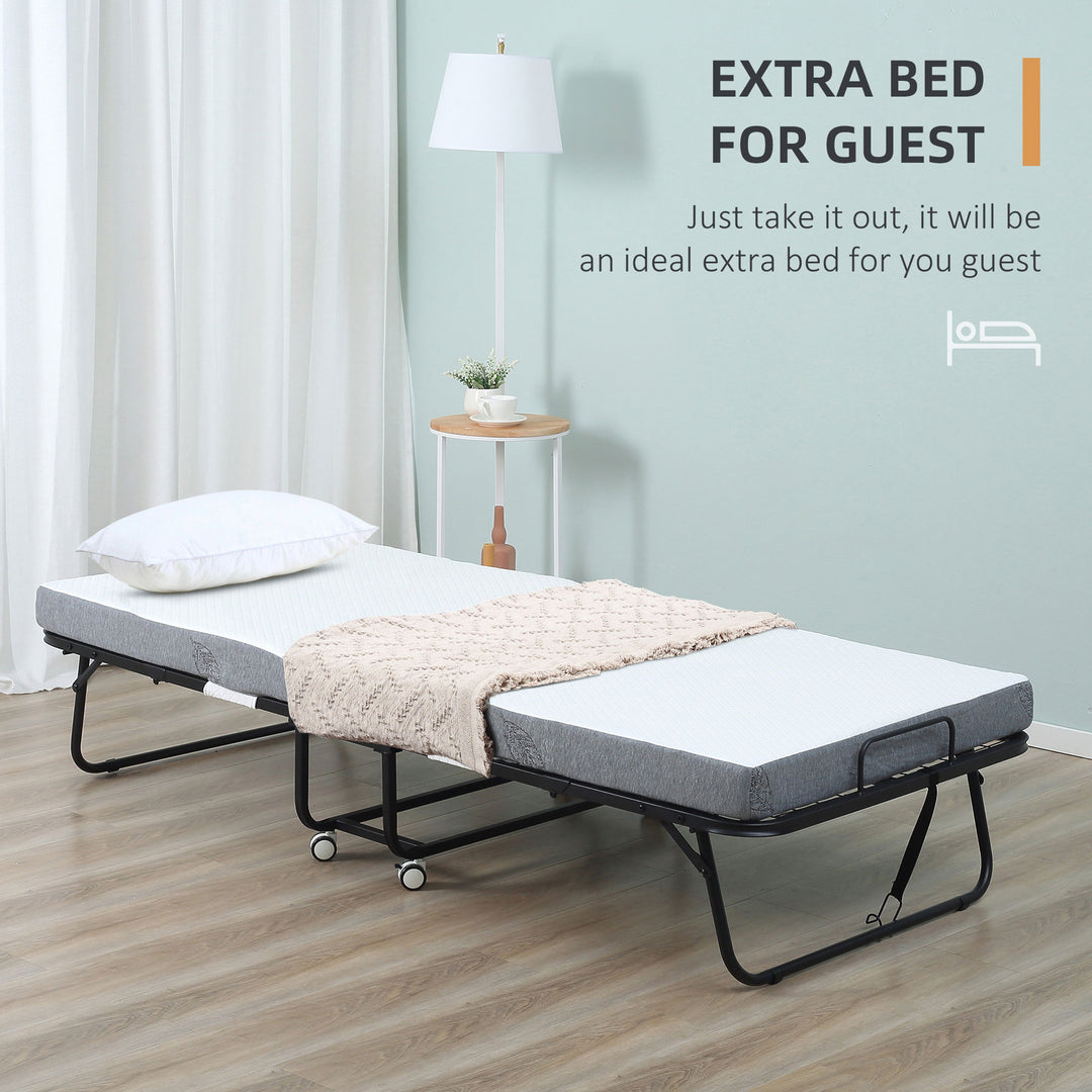 Folding Bed with 10cm Mattress, Portable Foldable Guest Bed with Sturdy Metal Frame on Wheels