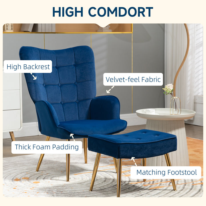Upholstered Armchair with Footstool Set, Modern Button Tufted Accent Chair with Gold Tone Steel Legs, Wingback Chair for Living Room, Bedroom, Home Study, Dark Blue
