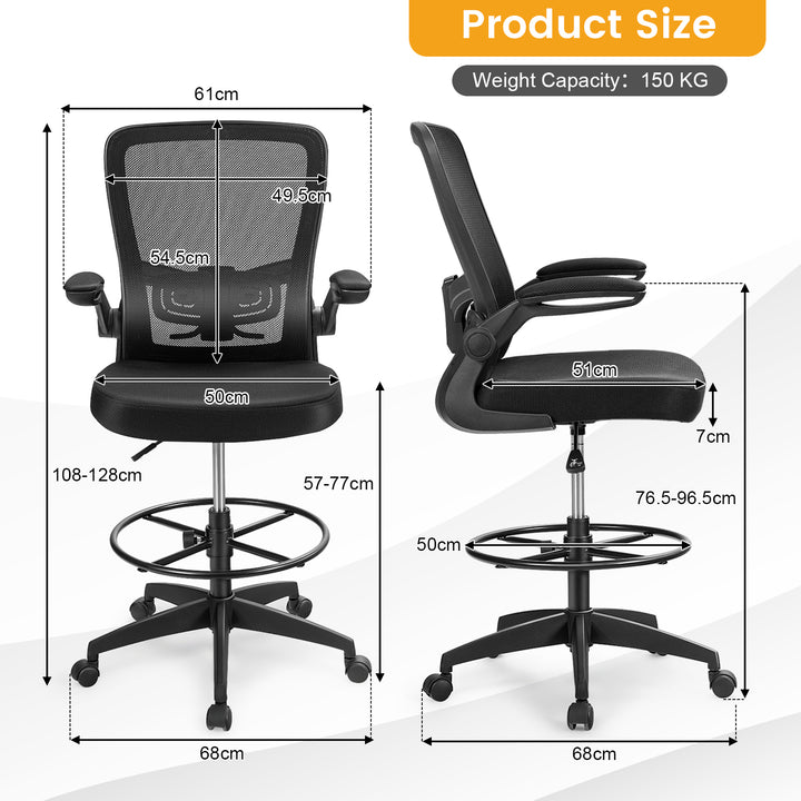 High Back Mesh Office Chair with Flip-up Armrests and Footrest Ring-Black