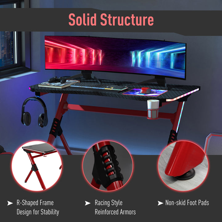 Gaming Desk with RGB LED Lights Racing Style Gaming Table with Cup Holder, Cable Management, Red