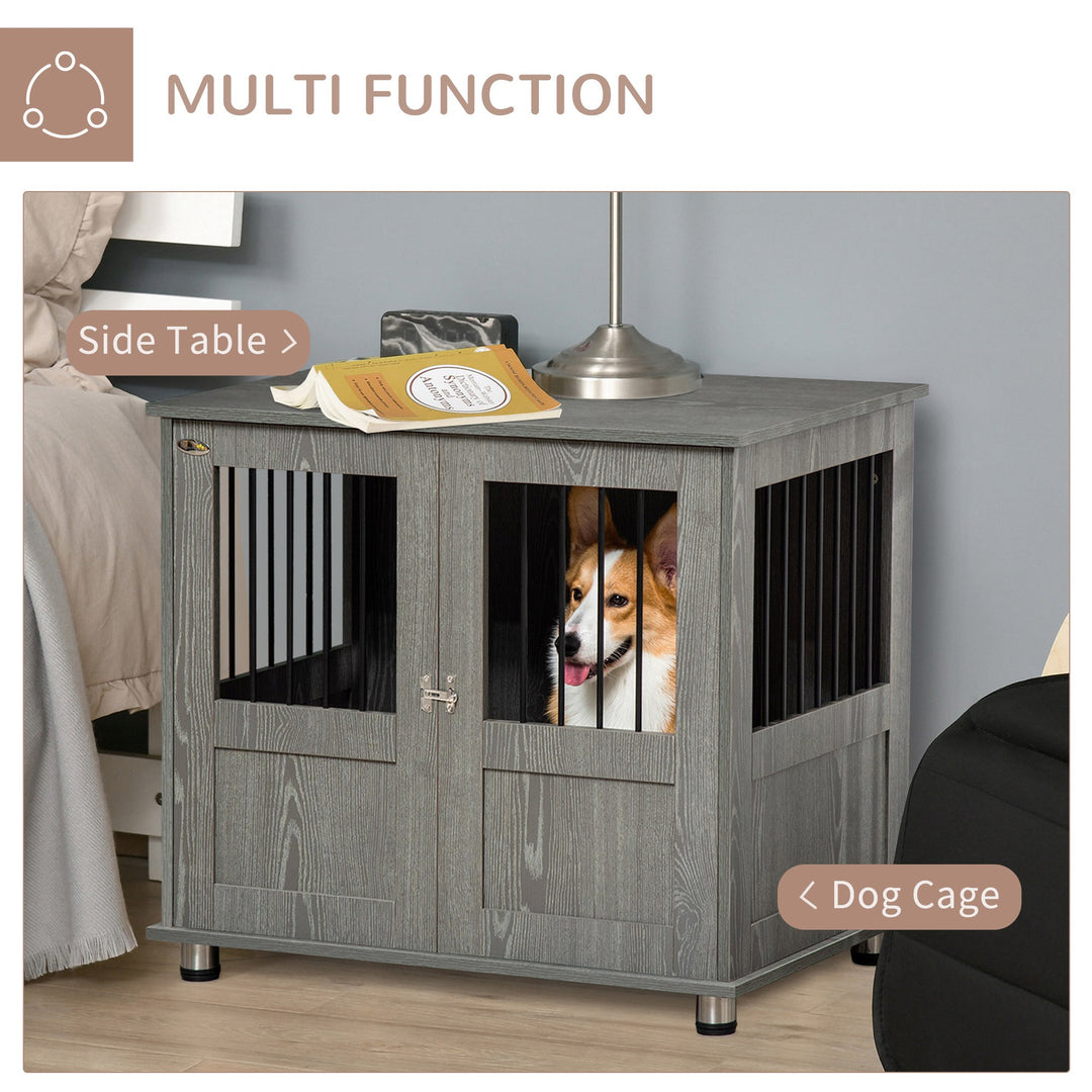 PawHut Dog Crate Furniture End Table, Pet Kennel for Small and Medium Dogs with Magnetic Door Indoor Animal Cage, Grey, 85 x 55 x 75 cm