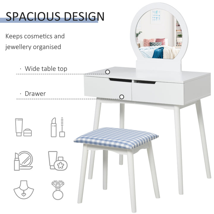 Dressing Table &amp; Stool Set w/ Drawers Mirror Modern Elegant Vanity Makeup Padded Seat Home Bedroom Beauty Furniture White