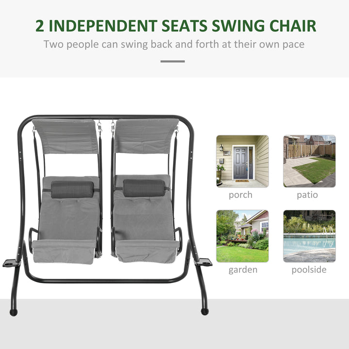 Outsunny Double Seat Swing Chair Modern Garden Swing w/ 2 Separate Relax Chairs, Handrails, Headrests and Removable Canopy, Grey