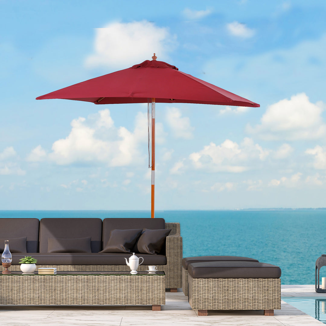 Outsunny 2 x 1.5m Patio Garden Parasol Sun Umbrella Sunshade Canopy Outdoor Backyard Furniture Fir Wooden Pole 6 Ribs Tilt Mechanism - Wine Red