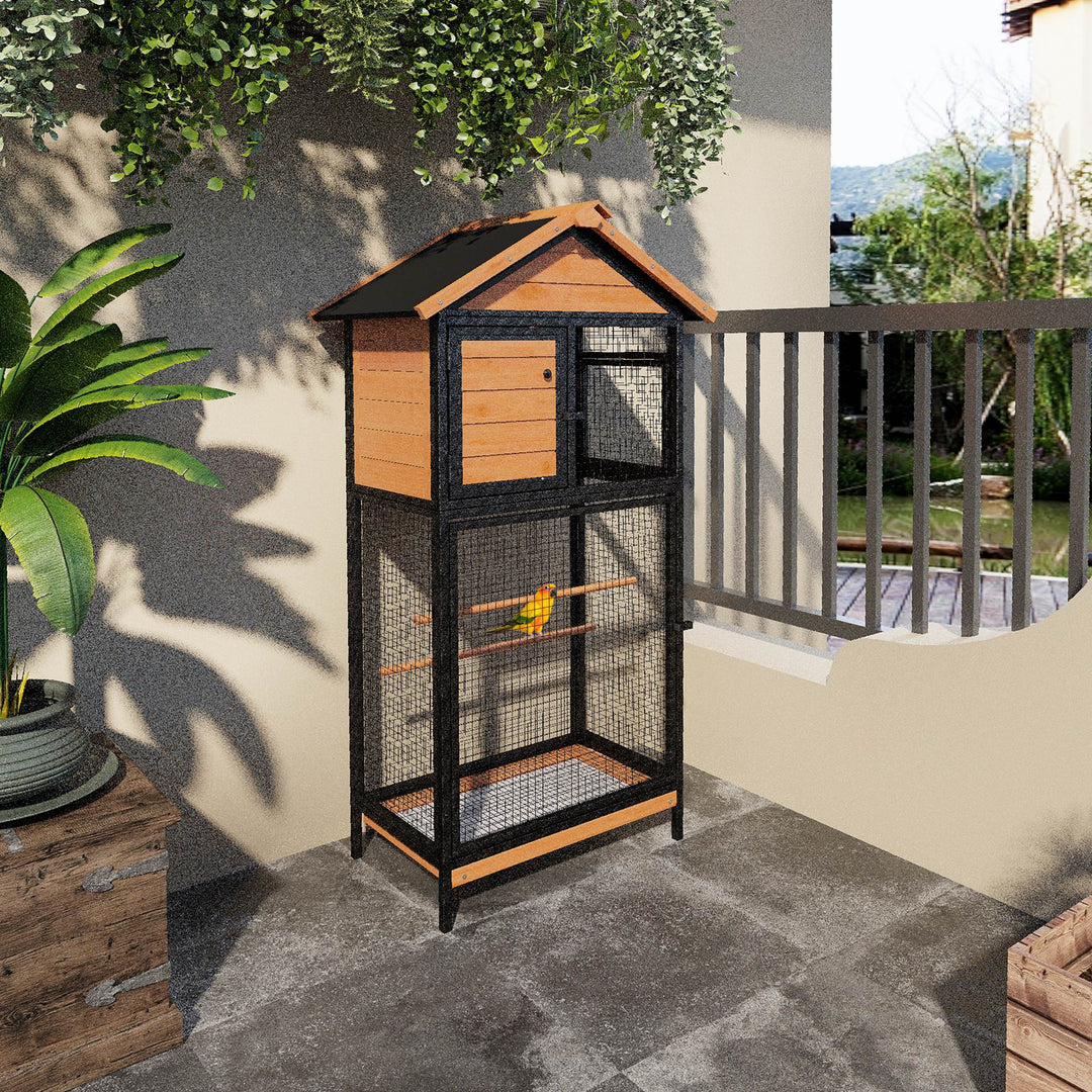 Wood &amp; Steel Bird Cage, with Standing Pole, Nest and Slide-Out Tray - Natural Finish