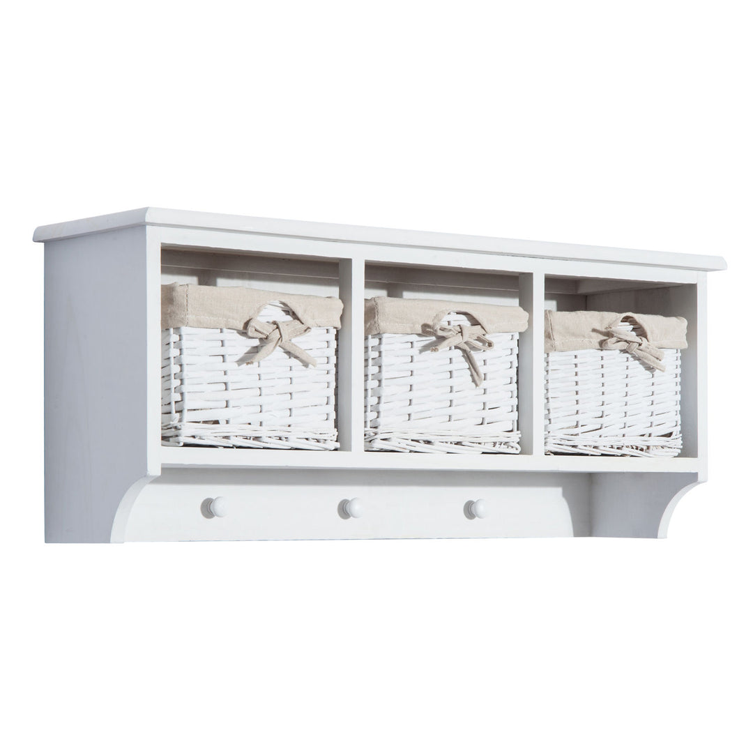 Entryway Coat Rack Wall Mounted Shelf w/Wicker Basket and Hooks (3 Baskets, White)